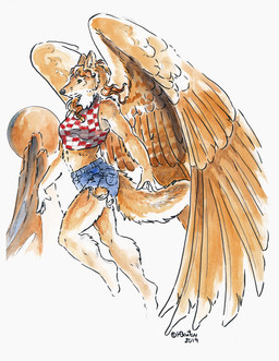 4_fingers anthro barefoot biped black_nose blue_bottomwear blue_clothing blue_shorts bottomwear brown_hair butte_(landscape) clothed clothing curved_tail dark_nose denim denim_bottomwear denim_clothing denim_shorts feathers feet female fingers fully_clothed fur green_eyes hair halter_top huge_wings midriff monotone_bottomwear monotone_clothing monotone_shorts moon multicolored_clothing multicolored_topwear pattern_clothing pattern_topwear plantigrade red_clothing red_topwear shorts simple_background snout solo tail tan_body tan_ears tan_feathers tan_fur tan_hair tan_tail tan_wings topwear two_tone_clothing two_tone_topwear white_background white_clothing white_topwear wings year heather_bruton litan canid canine canis coyote mammal 2019 hi_res signature