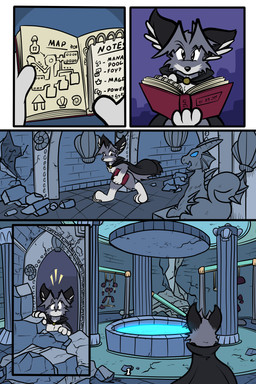 anthro base_three_layout black_eyes blockage_(layout) book cape clothing exploring five_frame_image fountain fur gender_transformation grey_body grey_fur horizontal_blockage male map mtf_transformation pre-transformation rubble ruins sculpture solo species_transformation statue text three_row_layout transformation walking virmir virmir_(character) canid canine fox mammal 2:3 absurd_res colored comic english_text hi_res