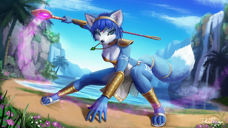 4_toes 5_fingers accessory anthro armor bandeau blue_body blue_fur bottomwear breasts choker cleavage clothed clothing cloud crouching eyelashes facial_tuft feet female fingers fluffy fluffy_tail fur furgonomics jewelry krystal's_staff loincloth long_eyelashes looking_at_viewer melee_weapon navel necklace no_underwear o-ring palm_tree pelvic_curtain plant pose realistic ring sand sea sky solo staff tail tail_accessory tail_jewelry tail_ring toes topwear translucent translucent_clothing tree tuft vambrace water waterfall weapon white_body white_fur dankitsune nintendo star_fox krystal_(star_fox) canid canine fox mammal 16:9 2021 digital_media_(artwork) digital_painting_(artwork) hi_res painting_(artwork) signature widescreen