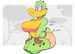 anthro bottomwear breasts clothed clothing featureless_breasts female looking_at_viewer non-mammal_breasts plant shorts solo tail tail_motion tailwag topless tree vimhomeless sydney_swamp_(vimhomeless) crocodile crocodilian reptile scalie hi_res