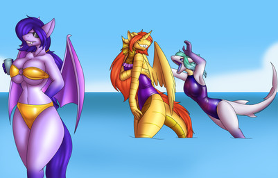 alternate_species anthro big_breasts bikini blue_eyes breasts clothed clothing crossdressing crossgender eyewear female fin frill_(anatomy) ftm_crossgender fur fur_ridge group hair head_crest head_frill horn long_hair male membrane_(anatomy) membranous_wings one-piece_swimsuit orange_body orange_fur orange_hair partially_submerged purple_body purple_hair sunglasses swimwear tail tail_fin teal_hair trio two-piece_swimsuit water wearing_sunglasses wide_hips wings yellow_bikini yellow_body yellow_clothing yellow_swimwear koekoek hasbro my_little_pony mythology amethystdust_(character) lustra_(amethystdust) melanie_(koekoek) bat_pony dragon equid mammal mythological_creature mythological_scalie scalie 2026 hi_res