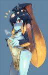 animal_humanoid black_hair blue_body blue_skin blush breasts clothed clothing collagen dagonian female fish fish_humanoid hair humanoid marine marine_humanoid minette monster_girl_(genre) nipples partially_clothed shell skullgirls solo yellow_sclera