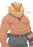 abs beard belt blonde_hair bottomwear bulge clothed clothing facial_hair frown hair jewelry male mane navel nipples pants pecs scar solo topless omelet42 bandai_namco digimon digimon_(species) leomon absurd_res hi_res