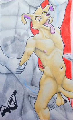 abdominal_bulge anthro camera duo genitals humanoid_genitalia humanoid_penis male male/male penis red_background simple_background size_difference text vein marthan_crowl_(artist) bird_dog canid canine canis domestic_dog hunting_dog labrador mammal retriever wolf absurd_res english_text hi_res