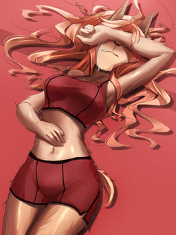 anthro athletic_wear bodily_fluids bottomwear bra breasts brown_body brown_fur clothing crying female fur gym_bottomwear gym_shorts hair lying midriff navel obscured_eyes on_back pink_hair red_bottomwear red_bra red_clothing red_hair red_shorts red_sports_bra red_underwear shorts simple_background solo sports_bra tears underwear alex_13 cyberconnect2 fuga:_melodies_of_steel little_tail_bronx flam_kish canid canine caninu canis domestic_dog mammal 3:4 absurd_res hi_res
