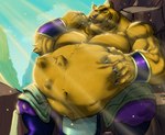 abdominal_bulge anthro belly big_belly fully_inside fur hand_on_belly male muscular muscular_male navel pecs picking_teeth same_size_vore sharp_teeth sitting teeth vore yellow_body yellow_fur hauoli47 dragon_ball felid mammal pantherine tiger hi_res