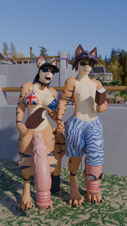 animal_genitalia animal_penis anthro balls baseball_cap beach bell bell_collar big_balls big_penis bikini blue_eyes blue_hair bottomless bottomless_gynomorph bottomless_intersex clothed clothing collar dessert digit_ring digitigrade duo equine_genitalia equine_penis eyewear flag_bikini flag_swimwear food fur genitals gynomorph hair hat headgear headwear huge_balls huge_penis hyper hyper_balls hyper_genitalia hyper_penis ice_cream ineffective_clothing intersex jewelry male orange_body orange_fur penis ring stripes sunglasses swimming_trunks swimwear tail topless topless_male two-piece_swimsuit vein veiny_penis wedding_ring mrmeatlovers alex_(mrmeatlovers) julia_(mrmeatlovers) felid mammal pantherine tiger 9:16 absurd_res hi_res