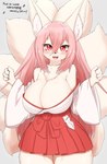 4_fingers 9_tails anthro asian_clothing big_breasts blush bottomwear breasts chest_tuft claws cleavage clothed clothing cute_fangs east_asian_clothing fangs female female_anthro finger_claws fingers fluffy fur hair hakama happy huge_breasts inner_ear_fluff japanese_clothing kemono long_hair looking_at_viewer miko_outfit multi_tail open_mouth open_smile pawpads pink_hair red_eyes shrine_maiden smile smiling_at_viewer solo tail teeth text tongue tuft white_body white_fur horokusa0519 asian_mythology east_asian_mythology japanese_mythology mythology canid canine fox fox_spirit mammal 2022 digital_media_(artwork) hi_res japanese_text portrait three-quarter_portrait translation_request