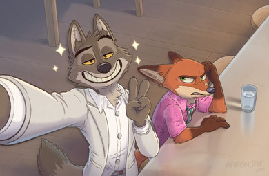 4_fingers annoyed anthro beverage black_nose brown_body brown_fur cellphone clenched_teeth clothed clothed_anthro clothed_male clothing duo electronics fingers fur gesture glare gloves_(marking) grin hand_gesture humanoid_hands male markings multicolored_body multicolored_fur phone red_body red_fur size_difference smartphone smile smug suit taking_picture taking_selfie tan_body tan_fur teeth text tongue two_tone_body two_tone_fur v_sign aar0njay disney dreamworks the_bad_guys zootopia mr._wolf_(the_bad_guys) nick_wilde canid canine canis fox mammal northwestern_wolf red_fox true_fox wolf 2025 english_text hi_res