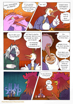 5_fingers anthro bar beverage blush bodily_fluids clothed clothed_anthro clothed_male clothing dialogue embarrassed feathers fingers fur grey_body grey_fur group humanoid_hands laugh male multicolored_body multicolored_fur nervous page_number red_body red_feathers shirt speech_bubble sweat teasing text topwear two_tone_body two_tone_fur upset white_body white_feathers white_fur kantachibli adrian_(kantachibli) benedict_(kantachibli) phillip_(kantachibli) avian bird chicken equid equine galliform heron horse mammal pelecaniform phasianid comic english_text hi_res url