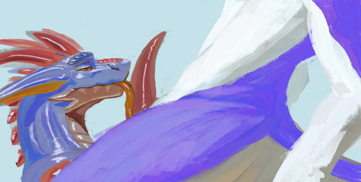 animal_genitalia animal_penis anthro blue_body blue_fur bodily_fluids duo erection fellatio fluffy fluffy_tail fur genital_fluids genital_slit genitals hair half-closed_eyes horn licking male male/male male_penetrated male_penetrating male_penetrating_male narrowed_eyes nude oral orange_tongue penetration penile penis penis_lick red_horn scales sex simple_background slit_play smile tail tapering_penis tongue tongue_out tuft unusual_anatomy unusual_genitalia unusual_penis white_body white_fur dreks_thel mythology dreks kiraderg_(character) dragon lizard mammal mythological_creature mythological_scalie reptile scalie absurd_res digital_media_(artwork) hi_res