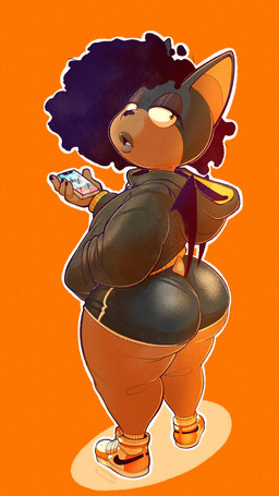 anthro black_coded black_eyeshadow black_hair bottomwear brown_body brown_fur butt cellphone clothing electronics eyeshadow female footwear fur hair hoodie hotpants lips looking_at_viewer looking_back looking_back_at_viewer makeup narrowed_eyes open_mouth phone pink_bottomwear pink_clothing pink_shorts shoes shorts smartphone solo standing topwear wings seldom bat mammal 9:16 hi_res