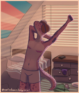 anthro bed bed_covers bed_sheet bedding bedroom blinds boxers_(clothing) boxers_only chest_of_drawers clothed clothes_on_floor clothing dark_nails detailed_background drawer duvet electronics eyes_closed furniture lgbt_pride light male mastectomy_scar morning navel phone pillow pride_colors purple_body scar solo standing stretching stretching_arms sunlight tail text topless transgender_pride_colors underwear underwear_only visibly_trans beenz seb_(beenz) gecko lizard reptile scalie 2026 artist_name digital_drawing_(artwork) digital_media_(artwork) hi_res trans_(lore) trans_man_(lore)