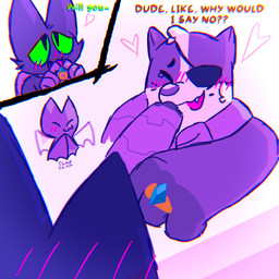 asking asking_another asking_for_favor asking_why blush clapping color_coded color_coded_text contact_onomatopoeia cybernetics dialogue duo eye_patch eyewear heart_symbol hearts_around_body hearts_around_head impact_onomatopoeia machine male male/male onomatopoeia question requesting ring sound_effects talking_to_another text wedding yes-no_question dogeoisie cartoon_network mao_mao:_heroes_of_pure_heart adorabat badgerclops sheriff_mao_mao_mao badger bat cyborg domestic_cat felid feline felis mammal mustelid musteline 1:1 english_text hi_res