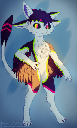 4_ears anthro big_ears black_body black_feathers black_sclera casual_nudity claws feathers female fluffy fluffy_chest genitals glowing glowing_eyes green_body green_eyes green_feathers green_markings inner_ear_fluff light long_tail markings multi_ear multicolored_eyes nude paws pink_body pink_eyes pink_feathers pink_markings simple_background slim solo sunlight tail text tuft vulva white_body white_feathers winged_arms wings stellaamoris nezumi_(korivali) avali avian absurd_res digital_media_(artwork) digital_painting_(artwork) hi_res painting_(artwork) url