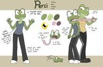 anthro clothing duo eyelashes feet female fingers footwear green_body green_skin long_tongue looking_at_viewer male multicolored_body multicolored_skin scar shirt shoes simple_background smile standing tank_top text tongue tongue_out topwear yellow_eyes sandwich-anomaly amelia_(sandwich-anomaly) perci_(jelomaus) amphibian frog 2020 digital_media_(artwork) english_text flat_colors hi_res model_sheet brother_(lore) brother_and_sister_(lore) sibling_(lore) sister_(lore)