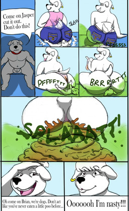 animal_genitalia anus balls big_butt butt crush dialogue duo ear_piercing eating_feces excessive_feces facesitting fart fart_cloud fart_fetish farting_in_mouth farting_on_face feces feces_in_mouth feces_on_body feces_on_butt genitals green_fart_cloud hyper hyper_feces male piercing pooping pooping_on_another scatplay sheath sitting sitting_on_another size_difference size_play skid_marks soiling text what white_balls why unknown_artist family_guy brian_griffin jasper_(family_guy) canid canine canis domestic_dog mammal digital_media_(artwork) english_text hi_res cousins_(lore) incest_(lore)