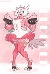 alternate_species anthro bottomwear choker claws clothing feathers female fingerless_gloves fist furrification gloves handwear jewelry necklace pink_body pink_bottomwear pink_clothing pink_feathers pink_skirt skirt solo white_claws white_spikes doodledox arc_system_works guilty_gear guilty_gear_strive elphelt_valentine avian hi_res