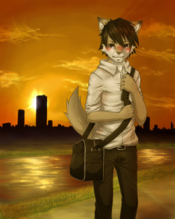 anthro bag biped blush brown_hair city clothed clothing hair male river shoulder_bag solo standing sunset tail water matsuya canid canine mammal 4:5 hi_res
