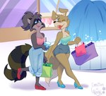 anthro breasts cleavage clothed clothing clothing_store duo female fur hair lipstick makeup mall open_mouth ponytail shopping smile store akaunkel blinky_bill_(series) the_raccoons daisy_dingo lisa_raccoon canid canine canis dingo mammal procyonid raccoon digital_media_(artwork) hi_res