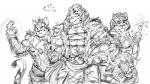 anthro fur group male kensukethecat nekojishi studio_klondike likulau lin_hu shu-chi clouded_leopard felid feline leopard_cat mammal pantherine prionailurus tiger 2017 hi_res monochrome sketch