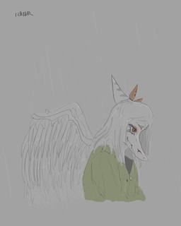 anthro biped blood blood_on_face bodily_fluids bone_frill clothed clothed_anthro clothed_female clothing feathered_wings feathers female frill_(anatomy) green_clothing green_jacket green_topwear grey_background grey_body grey_feathers grey_hair hair head_down jacket long_hair markings raindrop raining simple_background smile solo striped_markings stripes text topwear wings rehikir goodbye_volcano_high ko_op_(game_developer) fang_(gvh) prehistoric_species pterosaur reptile scalie 4:5 absurd_res artist_name hi_res