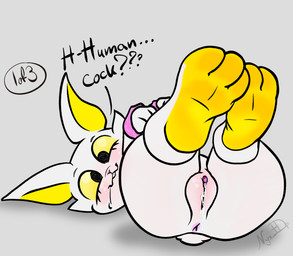 anthro blush clitoris cross-eyed feet female fluffy_cuffs foot_focus genitals hindpaw nude paws smile solo nyx_hdp bombun bombun_(kekitopu) lagomorph leporid mammal rabbit hi_res