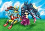 alternate_color ambiguous_gender anthro blush duo female hair_mouth tigerlilylucky nintendo pokemon canid canine generation_6_pokemon humanoid mammal mega_evolution mega_lucario mega_mawile pokemon_(species) shiny_pokemon digital_media_(artwork)