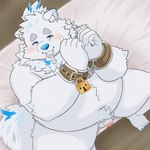 anthro balls bed belly big_belly blush furniture genitals kemono key male navel overweight overweight_male penis sitting solo white_body yukumaru3 lifewonders live_a_hero yohack canid canine canis domestic_dog mammal 1:1 2024 absurd_res censored hi_res