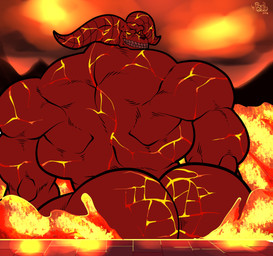 anthro big_butt butt fire grin grinning_at_viewer horn huge_butt hyper lava lava_bath lava_pool looking_at_viewer looking_back male muscular muscular_anthro muscular_male not_furry nude partially_submerged rear_view red_body smile smiling_at_viewer solo teeth text yellow_eyes bobthetanuki dark_souls fromsoftware old_iron_king demon humanoid monster monstrous_demon monstrous_humanoid 2018 artist_name colored digital_drawing_(artwork) digital_media_(artwork) hi_res signature