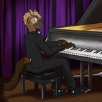 anthro black_tie_(suit) clothed clothing curtains formal_wear fully_clothed furgonomics grand_piano keyboard_instrument male musical_instrument piano playing_music playing_piano sitting solo stage_curtains suit fuze keaton_(ohthatsit) gulonine mammal marten mustelid musteline pine_marten 1:1 hi_res