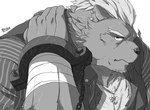 anthro clothed clothing cuff_(restraint) ear_piercing fur hair jewelry looking_at_viewer male necklace piercing restraints ring shackles simple_background solo white_background wraps wrist_wraps hijirinoyuta lifewonders tokyo_afterschool_summoners barguest_(tas) bear mammal monochrome