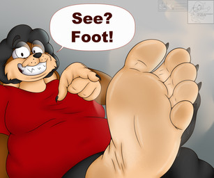 5_fingers 5_toes afro anthro barefoot black_bottomwear black_claws black_clothing black_eyes black_eyewear black_glasses black_hair black_nose black_pants bodily_fluids bottomwear cheek_tuft claws clothing dialogue eyewear facial_tuft feet fingers foot_focus gesture glasses hair hand_gesture humanoid_feet looking_at_viewer male pants plantigrade pointing pointing_at_foot red_clothing red_shirt red_t-shirt red_topwear sharp_teeth shirt slightly_chubby smile smiling_at_viewer soles solo speech_bubble steam steamy_feet sweat sweaty_feet t-shirt teeth text toes topwear tuft wearing_glasses wrinkled_feet wrinkles coyocislav skonczonyidiota canid canine canis hybrid mammal wolfdog english_text hi_res