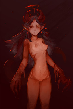 black_hair blood bodily_fluids breasts claws cross crotch_lines ear_piercing female genitals grimace hair halo horn humanoid_pointy_ears long_hair looking_at_viewer navel navel_piercing nipples not_furry nude piercing pointy_ears red_eyes ribs small_breasts small_waist solo standing vulva syvaron portals_of_phereon demon demon_humanoid humanoid