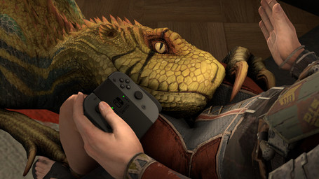 ambiguous_gender bedroom_eyes bulge claws clothed clothing controller crotch_sniffing duo feet feral game_controller hand_on_leg head_in_crotch looking_at_another looking_at_partner looking_up male narrowed_eyes scales seductive smile sniffing suggestive yellow_eyes anonymous_artist ivorylagiacrus capcom monster_hunter nintendo nintendo_switch fanged_wyvern human jagras mammal reptile scalie 16:9 2021 3d_(artwork) 4k absurd_res artist_collaboration digital_media_(artwork) hi_res source_filmmaker_(artwork) widescreen