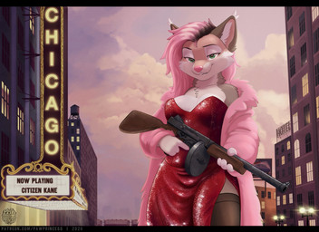 anthro black_bars chicago clothed clothing coat dress female fur fur_coat gun hair highlights_(coloring) outside pink_hair ranged_weapon sequin_dress solo submachine_gun tan_body tan_fur text thompson_gun topwear vintage weapon pawprincess felid feline lynx mammal absurd_res english_text hi_res letterbox