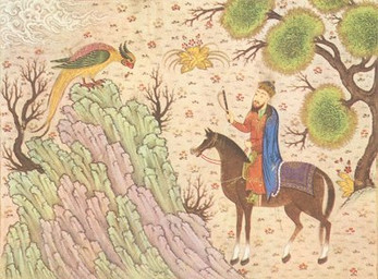 1460 ambiguous_gender avian_feet beak cloak clothing crown feathers feral group headgear hooves looking_at_another male multicolored_body multicolored_feathers not_furry outside plant reins riding_horse rock saddle sitting standing tail tree trio wearing_crown unknown_artist kalila_wa_dimna avian equid equine horse human mammal 15th_century ancient_art english_description low_res traditional_media_(artwork)