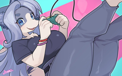 abstract_background anthro belt big_breasts blue_body blue_eyes blue_fur blue_hair bottomwear bracelet breasts clothed clothing controller curvy_figure denim denim_bottomwear denim_clothing female fur game_controller hair holding_controller holding_game_controller holding_object jeans jewelry kemono legs_up looking_at_viewer multicolored_body multicolored_fur pants shirt smile solo topwear two_tone_body two_tone_fur white_body white_fur wide_hips wire wired_controller arumo gin_png canid canine fox mammal 16:10 alternate_version_at_source hi_res signature widescreen