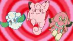 2019 accessory ambiguous_gender blush bow_(feature) bow_accessory bow_ribbon canid canine cartoon_network clefairy cottonee digital_media_(artwork) elemental_creature fangs feral flora_fauna furgonomics generation_1_pokemon generation_2_pokemon generation_5_pokemon group hi_res looking_at_viewer mammal nintendo parody pink_background plant pokemon pokemon_(species) powerpuff_girls ribbons simple_background snubbull tail tail_accessory tail_bow tail_ribbon teeth voltrathesparking
