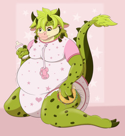 ageplay anthro baby_bottle bottle burger clean_diaper clothed clothing container diaper diaper_under_clothing diaper_under_onesie femboy food infantilism kneeling male onesie overweight overweight_male pacifier pacifier_clip roleplay solo wearing_diaper steelshark bovid bovine hybrid kaiju mammal absurd_res hi_res