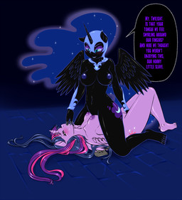 anthro anthrofied areola armor barefoot blush bodily_fluids bound breasts chain cutie_mark dialogue dominant dominant_female duo erect_nipples feathered_wings feathers feet female female/female female_on_bottom female_on_top fingering hair half-closed_eyes headgear helmet horn humanoid_feet long_hair lying multicolored_hair narrowed_eyes navel nipples on_back on_bottom on_top plantigrade purple_body purple_skin restrained saliva straddling submissive submissive_female text vaginal vaginal_fingering wings pia-sama friendship_is_magic hasbro my_little_pony mythology nightmare_moon_(mlp) twilight_sparkle_(mlp) equid equine mammal mythological_creature mythological_equine winged_unicorn 2015 digital_media_(artwork) english_text hi_res