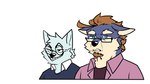 16:9 absurd_res anthro blue_body blue_fur brown_hair canid clothed clothing duo eyewear fur glasses hair hi_res humor male mammal ookanyoufeelit smile uncomfortable widescreen