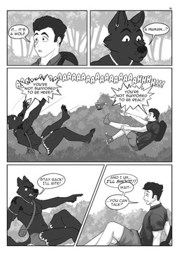 anthro armpit_hair body_hair comic_panel dialogue duo falling_over forest forest_background male narrative nature nature_background plant shrub speech_bubble tattoo text tree tribal tribal_outfit tribal_tattoo alphasabre ansel_(alphasabre) silas_(alphasabre) canid canine canis human mammal wolf comic english_text greyscale hi_res monochrome