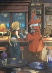 alcohol anthro bar bar_stool beverage blonde_hair blue_eyes bread clothing container drinking duo female flower food fur furniture glass glass_container hair hat headgear headwear inside lamp male medium_hair plant ponytail raised_tail smile snout standing stool table tail toast white_body white_fur white_hair soraoyogusakana final_fantasy final_fantasy_ix square_enix freya_crescent zidane_tribal burmecian genome_(final_fantasy) haplorhine humanoid mammal monkey murid murine primate rat rodent tailed_humanoid hi_res