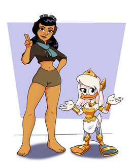 3_toes 4_fingers 5_toes abstract_background alternate_costume anthro armlet armor barefoot beak biped black_eyebrows black_eyes black_hair blue_scarf bottomwear bracelet breastplate breasts brown_bottomwear brown_clothing brown_jacket brown_lips brown_shorts brown_topwear cleavage clothed clothed_anthro clothed_female clothed_human clothing clothing_swap crown duo eyebrows eyelashes eyewear eyewear_on_head feathers feet female female_anthro female_human fingers footwear front_view gem gesture goggles goggles_on_head gold_(metal) gold_armlet gold_armor gold_bracelet gold_jewelry gold_necklace gold_tiara greaves grey_eyewear grey_goggles hair half-closed_eyes hand_gesture hand_on_hip hand_on_own_hip headgear jacket jewelry larger_human latina lips long_hair looking_at_viewer markings medium_breasts membrane_(anatomy) midriff mole_(marking) mouth_closed nails narrowed_eyes navel necklace non-mammal_breasts orange_beak orange_scutes plantigrade prosthetic prosthetic_leg prosthetic_limb raised_arms red_gem sandals scarf scuted_legs scutes shadow shoes short_sleeves shorts size_difference skirt smaller_anthro standing tail tail_feathers tan_body tan_skin tiara toenails toes topwear v_sign webbed_feet white_body white_bottomwear white_clothing white_feathers white_hair white_skirt hopethishelps disney ducktales ducktales_(2017) legend_of_the_three_caballeros della_duck xandra_(legend_of_the_three_caballeros) anatid anseriform avian bird duck human mammal 2024 hi_res
