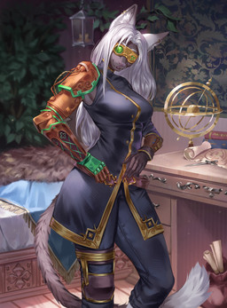 anthro bedroom belt big_breasts breasts clothed clothing dipstick_tail eyewear female fully_clothed fur goggles grey_body grey_fur hair jacket long_hair markings prosthetic prosthetic_arm prosthetic_limb solo tail tail_markings thick_thighs topwear white_body white_fur white_hair wide_hips avocado_seed dungeons_and_dragons hasbro wizards_of_the_coast pure_snow_(pacothegint) felid mammal tabaxi absurd_res hi_res