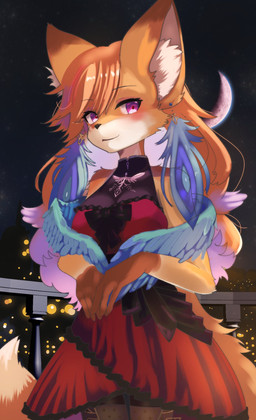 alternate_species anthro balcony boa_(clothing) breasts closed_smile clothed clothing dipstick_tail dress feather_ear_ring female front_view fully_clothed fur furrification gloves_(marking) hair inner_ear_fluff looking_at_viewer markings moon mouth_closed night orange_body orange_fur orange_hair outside red_clothing red_dress red_eyes smile solo standing tail tail_markings tuft kemo_yuki hololive hololive_en vtuber takanashi_kiara canid canine fox mammal hi_res