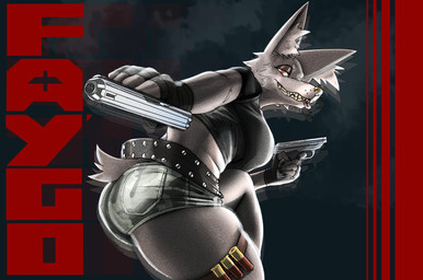 abstract_background accessory anthro belt big_text black_background black_clothing black_shirt black_t-shirt black_topwear bottomwear camo camo_bottomwear camo_clothing camo_pants camo_print clenched_teeth clothing dual_wielding eyewear female fingerless_gloves garter gloves gun handgun handwear holding_object holding_weapon lines_drawn looking_at_viewer oral pants pattern_bottomwear pattern_clothing pattern_pants pistol ranged_weapon shell_(projectile) shirt short_tail shorts simple_background t-shirt tail teeth text tongue tongue_out topwear tuft_ears weapon sloum faygo_(foxtoad) canid canine canis mammal wolf 2026 character_name hi_res