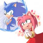 accessory anthro black_nose blush clothed clothing dress duo female gloves green_eyes hair hair_accessory hairband handwear heart_symbol male narrow_hips pink_hair red_clothing red_dress short_hair smile thin_thighs oyatsu sega sonic_the_hedgehog_(series) amy_rose sonic_the_hedgehog eulipotyphlan hedgehog mammal 1:1 2009