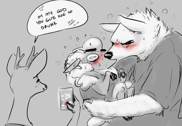 anthro antlers blush bodily_fluids carrying_another clothed clothing dialogue drunk electronics eyes_closed female fur group horn kiss_on_lips kissing laugh male male/male phone recording size_difference speech_bubble substance_intoxication sweat text wool_(fur) nobby_(artist) disney pack_street zootopia al_(weaver) remmy_cormo velvet_roe_(weaver) bovid canid canine canis caprine deer domestic_sheep mammal sheep wolf 2017 english_text monochrome